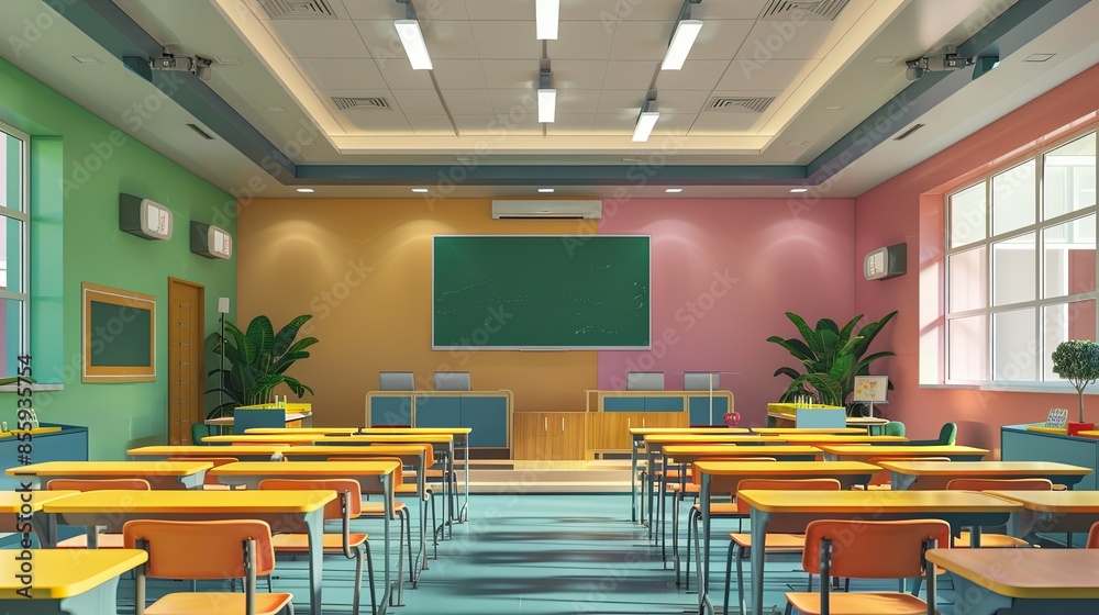 Poster a contemporary classroom with vibrant colors, interactive panels, and ai assistants, designed to enh