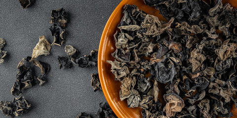 black fungus dried mushroom meal food snack on the table copy space food background rustic top view  