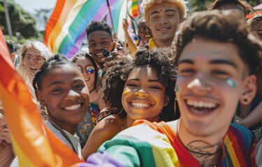 Joyful Faces at Pride: Young People Uniting Under Rainbow Flag - Generative ai