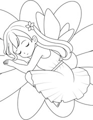 Cute kawaii fairy with sparkling wings sleeping on the flower on white background outline coloring page for kids