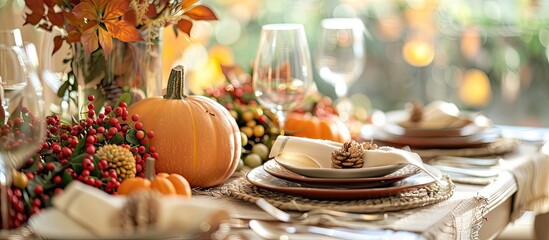 Thanksgiving table setting decorated with pumpkin. Copy space image. Place for adding text and design