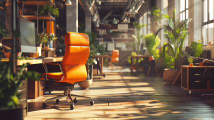 Zen office with computer in a beautiful, spacious living room interior with plants and an outside view through big windows