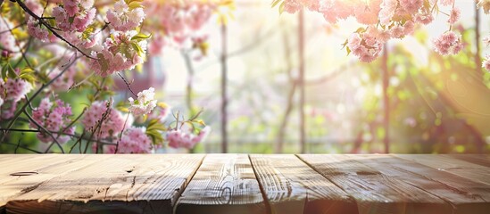 Table background of free space and blurred window of spring time. . Copy space image. Place for adding text and design