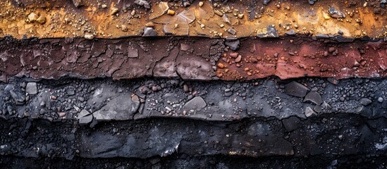 Form of soil layers,its colour and textures,texture layers of earth surface for background. Copy space image. Place for adding text and design