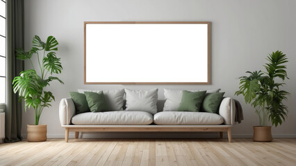Interior home of living room with blank frame poster mock up on sofa and houseplants on white wall copy space