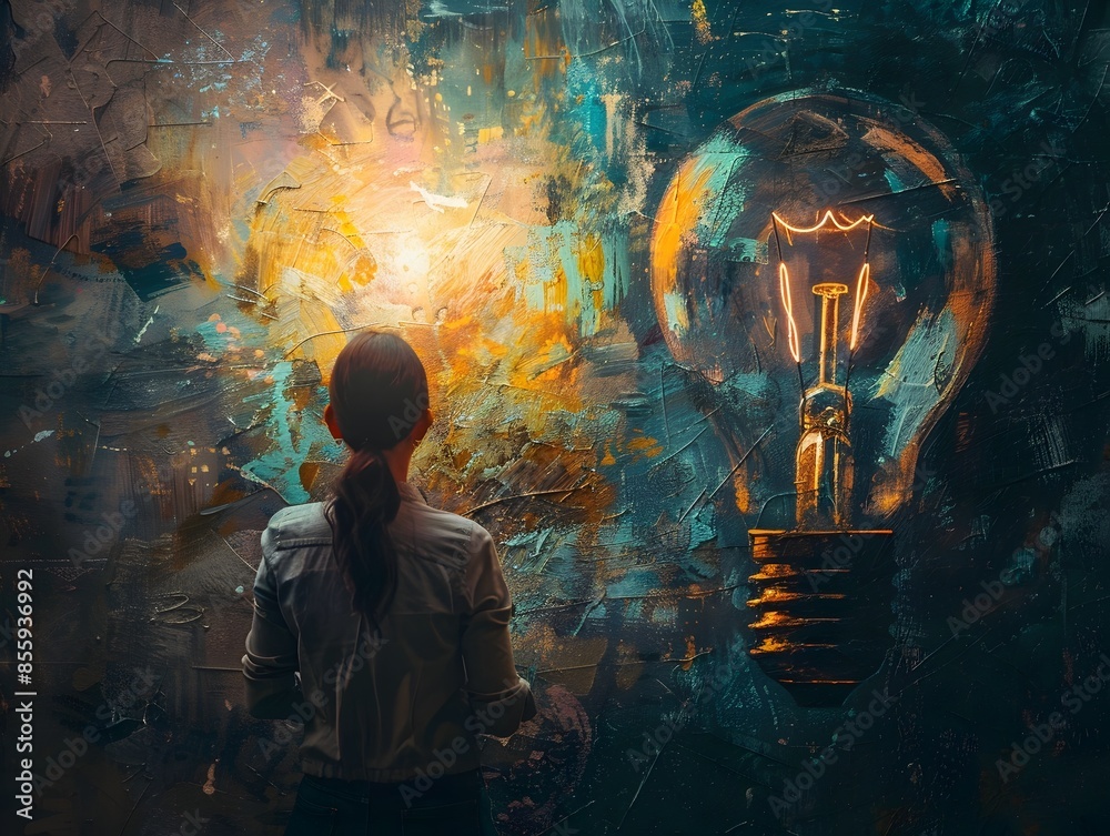 Wall mural person gazing admiringly at glowing light bulb representing and idea concept