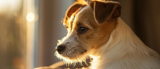 Jack russell terrier in the sunlight and looking. Closeup photo Pet indoors. Copy space image. Place for adding text and design