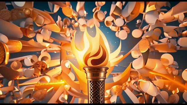 The Olympic torch burns in the center against a background of abstract golden symbols
