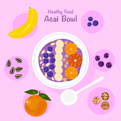 Healthy cooking ingredients, delicious mixed fruit Rich in vitamins Top view of food bowl. Acai on a smoothie in a bowl. Light background vector illustration for food menu decoration. Easy to edit.
