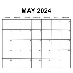 may 2024. monthly calendar design. week starts on sunday. printable, simple, and clean vector design isolated on white background.