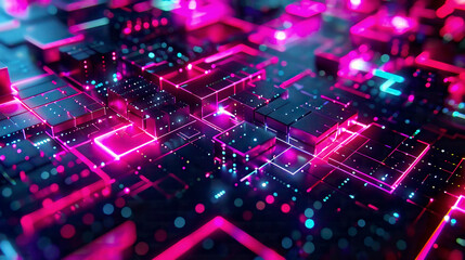 Abstract LED light effect future tech with glare cubes digital CPU signal shining grid big data neon flare quantum computer network system magic code grid HUD lines web device blocks system