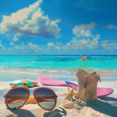 a beach with equipment hat and sun glasses