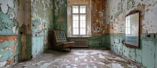 sanatorium room with mirror and rust in russian style. Copy space image. Place for adding text and design
