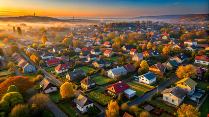 Aerial view of middle class houses in small village or town in the countryside. Top view above houses at sunrise above in the autumn Uzhhorod Ukraine Europe