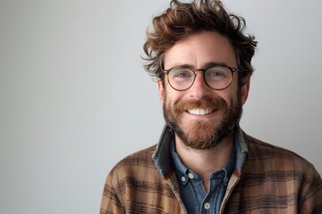 Obraz premium Happy man in spectacles, beard, plaid shirt