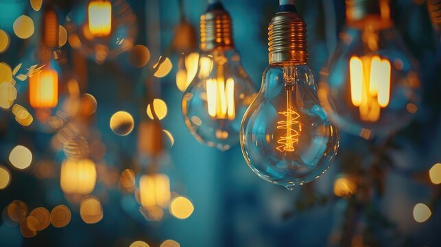 Vintage light bulbs collection on blue background with gold bronze and silver lamps Close up view with blurred background - Powered by Adobe