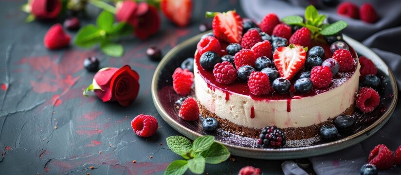 St. Valentine's Day, Mother's Day, Birthday Cake. festive dessert. Woman's day cake. Cake for valentines day. Valentines dessert. Cheesecake with berries. Love. Kissing figures. Copy space image