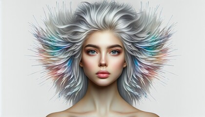 
Uma mulher deslumbrante com longos cabelos prateados esvoaçantes, olhos azuis e pele impecável. Ela possui uma aparência etérea e hipnotizante, com um fundo escuro