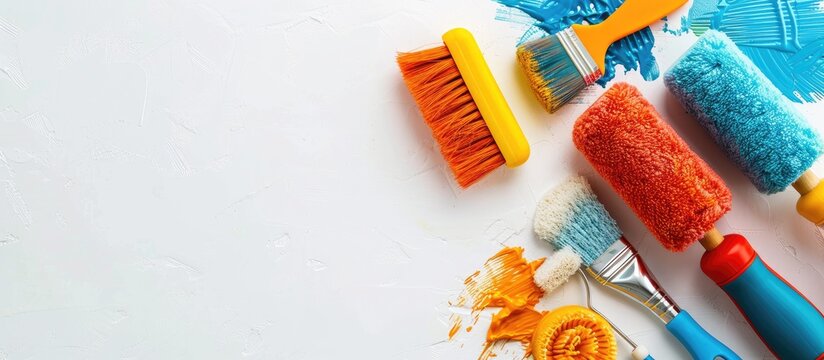 On a white background are tools for finishing work,for putty and painting.Spatula ,paint rollers and brushes with colored handles.Space for text. Copy space image