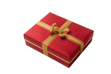 Red gift box PNG with golden ribbon and bow isolated on white background