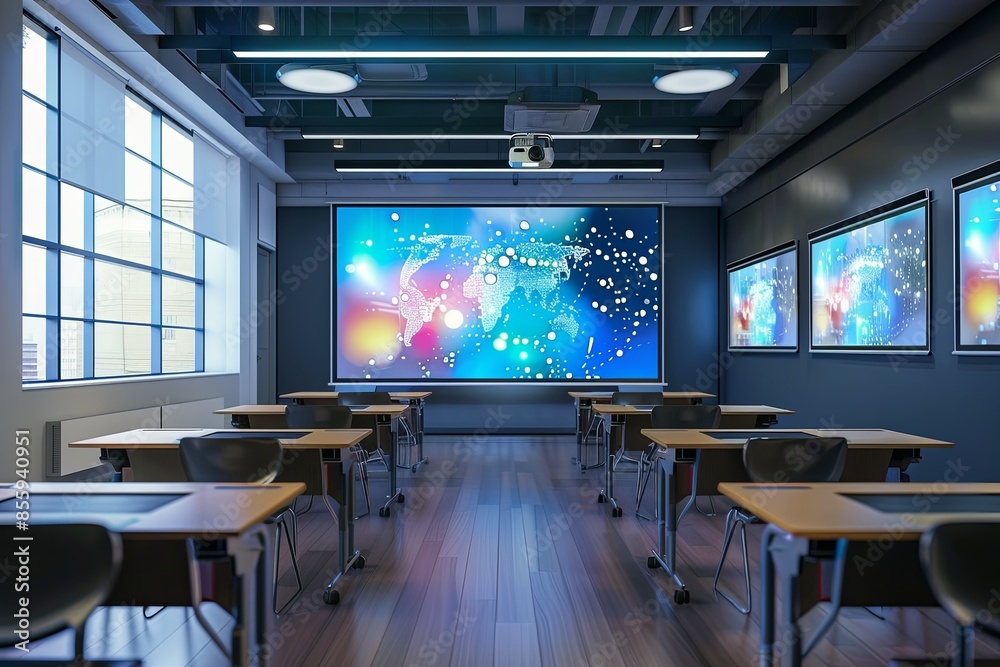 Poster a contemporary classroom with interactive panels and ai assistants, providing an enhanced learning e