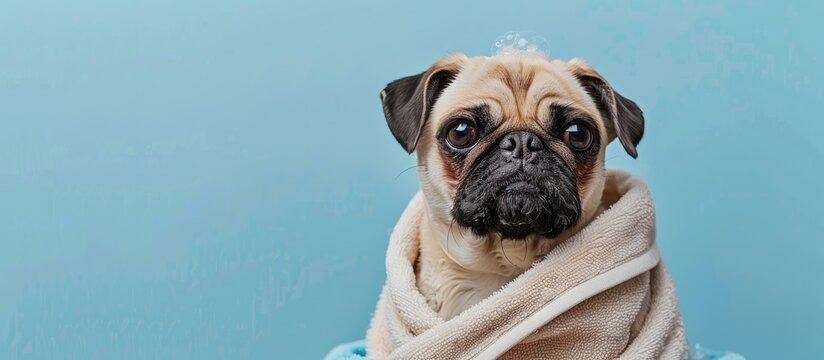 Cute griffon or pug dog after bath on blue background. Dog wrapped in towel. Pet grooming concept with soap bubbles. Copy Space. Copy space image. Place for adding text or design