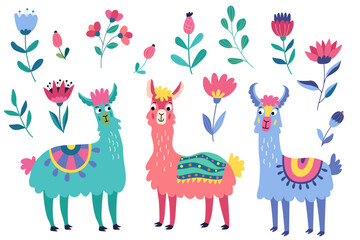 Set with funny lamas and flowers.  Decorative colorful vector illustration in flat style. Great for creating greeting cards, posters