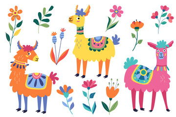 Obraz premium Set with funny lamas and flowers. Decorative colorful vector illustration in flat style. Great for creating greeting cards, posters