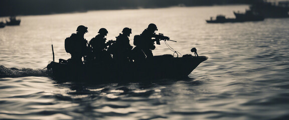silhouette of underwater commando team advancing on boat in foggy sunrise.