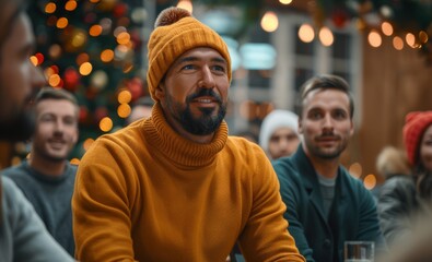 A recreational illustration of a reliable senior man who has a lot of experience is communicating friendly with the audiences who are sitting around him.