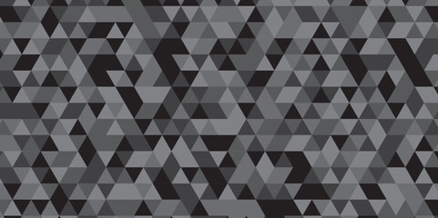 Abstract geometric black and gray background seamless mosaic and low polygon triangle texture wallpaper. Triangle shape retro wall grid pattern geometric ornament tile vector square element.