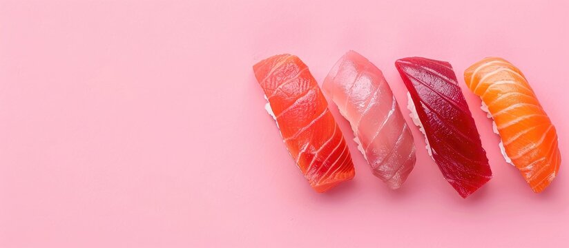 Japanese otoro sushi, red tuna sushi and salmon sushi over pastel background. Copy space image. Place for adding text and design