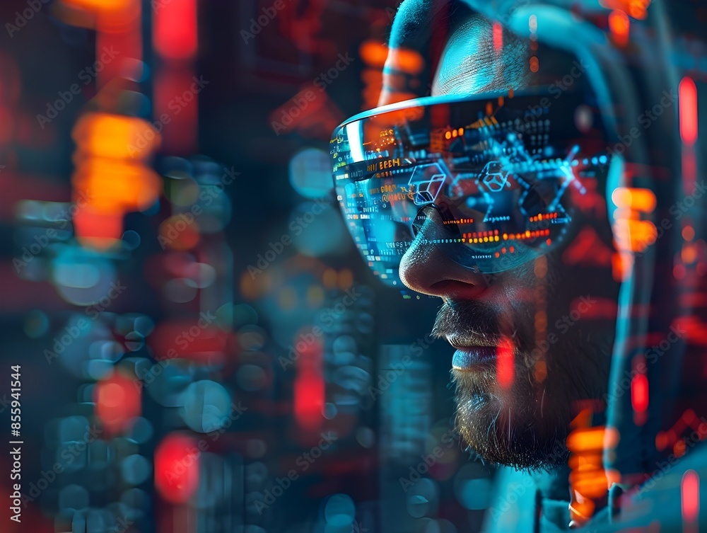 Poster futuristic hacker using augmented reality glasses in cyberspace environment with illuminated digital