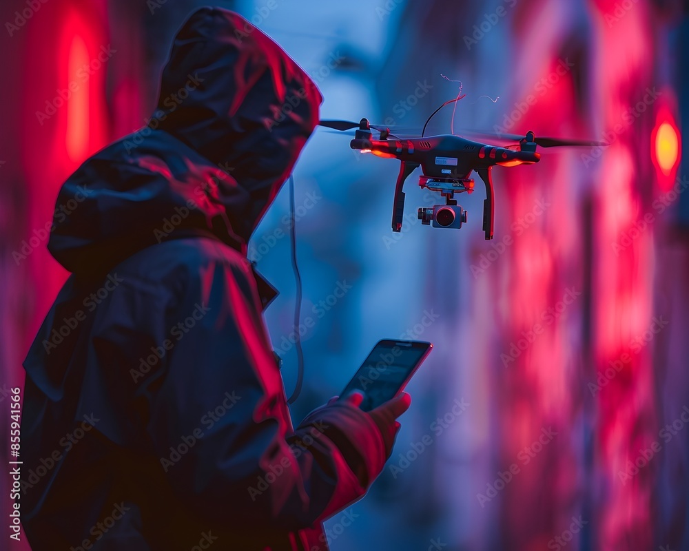 Poster hacker using drone to intercept wireless signals in risky cybersecurity concept