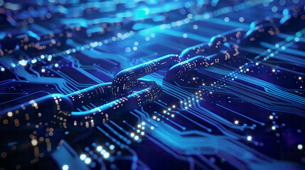 Obraz premium Blockchain technology concept chain in form of a PC circuit board with a CPU blue futuristic backgroundglowing digital elements 