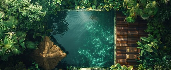 Bird's eye view of a luxurious hunting lodge in a thatched roof treehouse surrounded by lush greenery and an  swimming pool. 