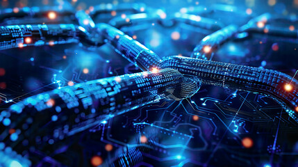 Blockchain technology concept chain in form of a PC circuit board with a CPU blue futuristic backgroundglowing digital elements 