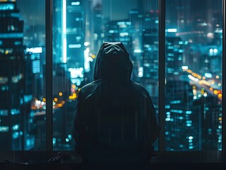 Hooded Hacker Overlooking Neon Lit Cityscape in High Rise Window