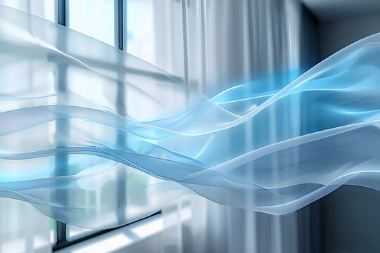 Blue waves of fresh clean air in the apartment. Air conditioner. Fresh scent and air filtration effect.