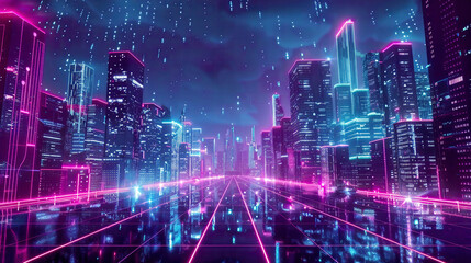 Blockchain technology in a neon-lit cityscape cyberpunk style 
