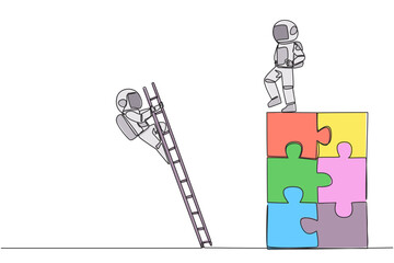 Single continuous line drawing the astronaut kicks opponent who climbing the puzzle with the stairs. Betrayed by colleague when successfully resolving a problem. One line design vector illustration