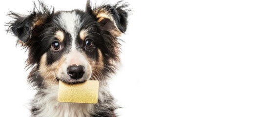 Obraz premium Cute puppy dog border collie holding gold bank credit card in mouth isolated on white background. Little dog with puppy eyes funny face waiting online sale