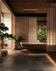 Fototapeta premium Traditional wooden bath made of hinoki wood
