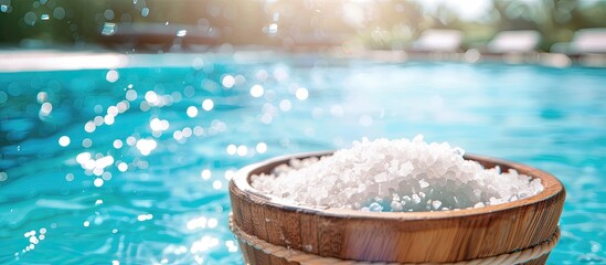 Salt for filling the pool. Salt for adding to the swimming pool. Copy space image. Place for adding text or design