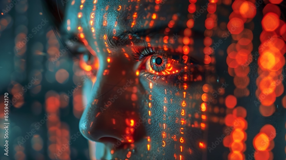 Poster hacker in dark room surrounded by multiple computer screens with reflective code on face