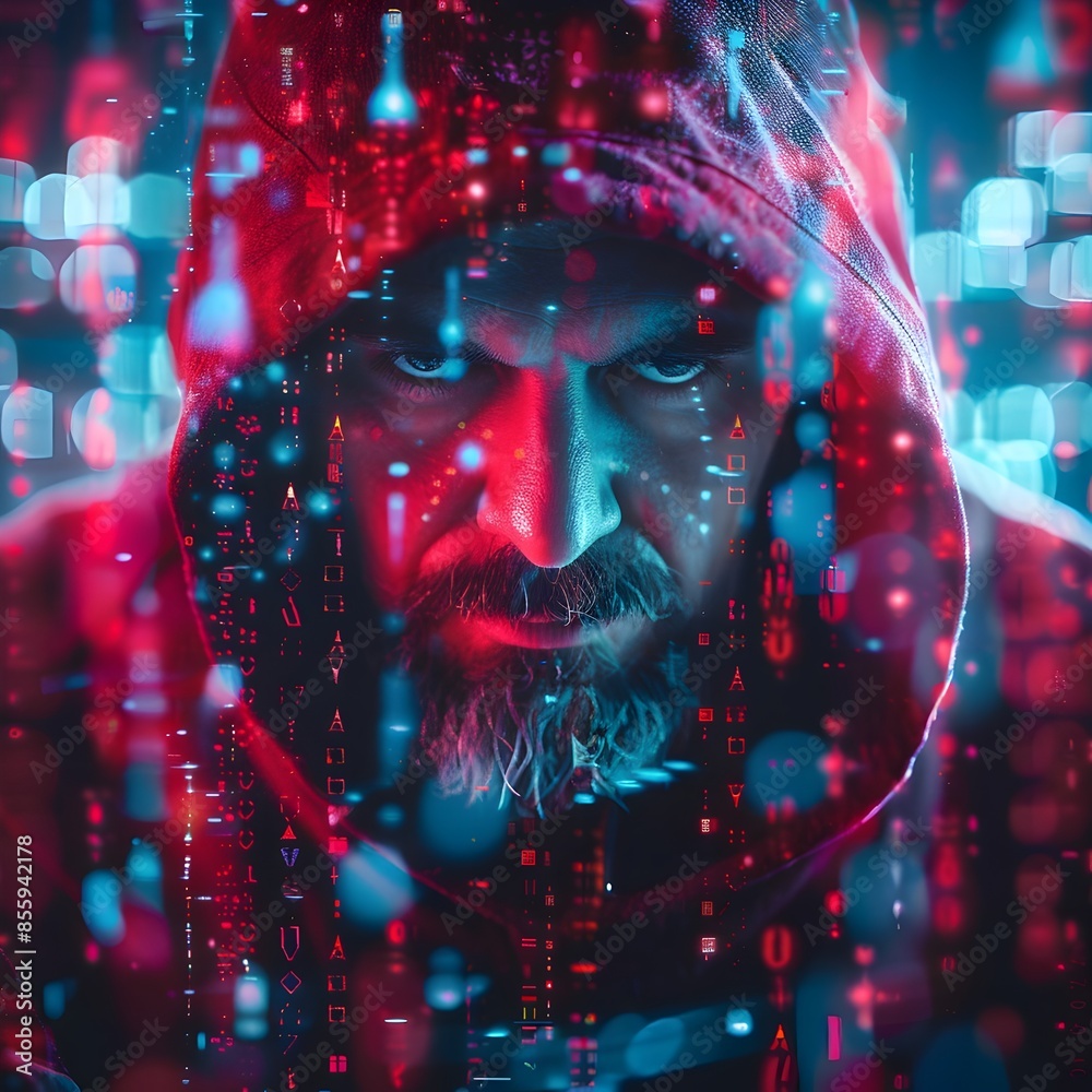 Poster hacker navigating intricate digital holograms and virtual data streams futuristic cybersecurity conc