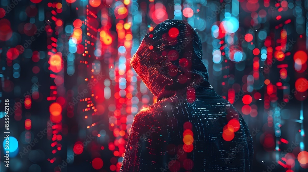 Poster hacker breaching a vibrant digital firewall with dynamic graphics
