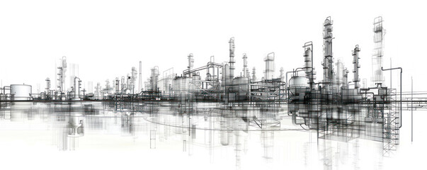 Fototapeta premium A city skyline with a large industrial area. The buildings are tall and the city is surrounded by water. The image has a sense of industrialization and urbanization