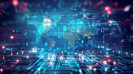 Obraz premium Blockchain technology on futuristic HUD background with world map and blockchain peer to peer network. 