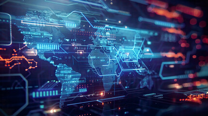 Blockchain technology on futuristic HUD background with world map and blockchain peer to peer network. 